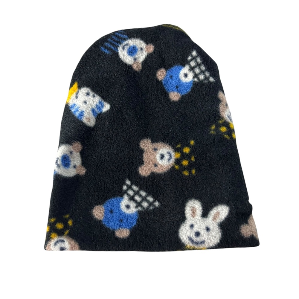 Fleece Beanie Girls OS Black Bear Bunny Pattern Winter Hat Kidcore